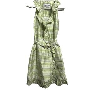 Sara Campbell 100% Silk Striped Green Ruffled Belted Wrap Dress Made USA Size 6